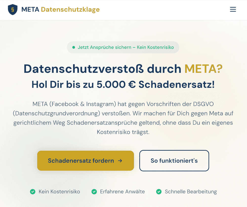 Schadenersatz gegen Meta — ohne Kostenrisiko.